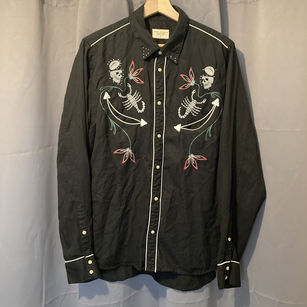 Nudie Jeans Stellan Ghost Town Pearl Snap Mens M Black Skull Scorpion Rockabilly